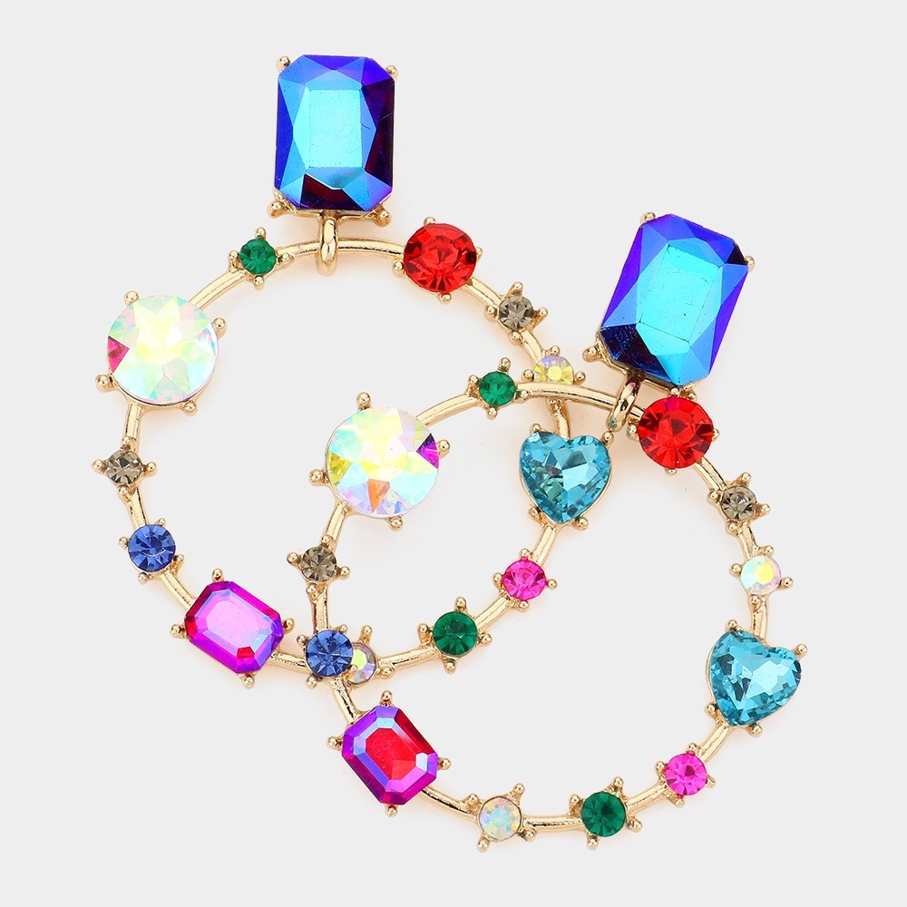 Gold Multi color stone open round hoop fashion earrings